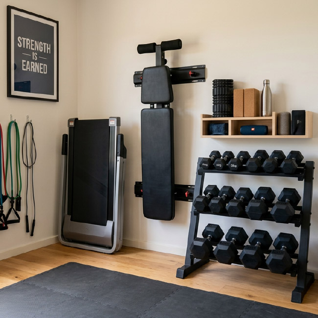 Compact home gym setup in a small space with neatly stored equipment