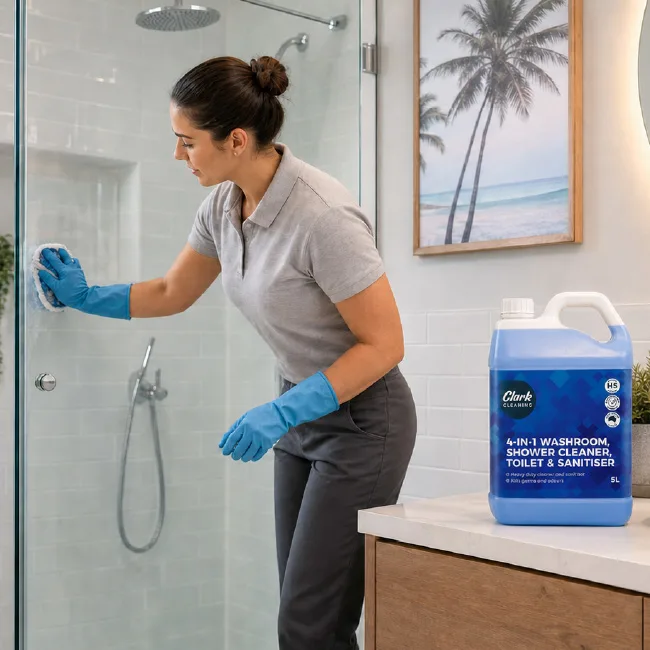 A person wearing gloves cleaning a modern holiday home bathroom with spray cleaner and cloth. Deep cleaning bathroom surfaces in a holiday rental property