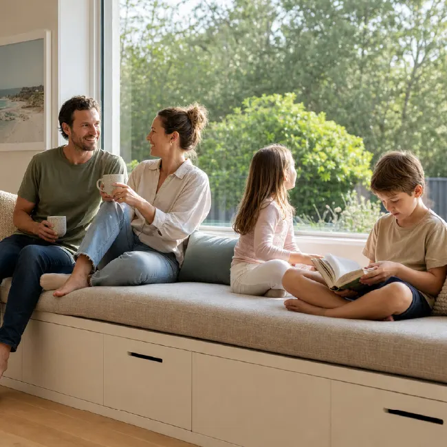 Family sitting on a cushioned kitchen window bench. Family using a custom window seat cushion in a kitchen dining area