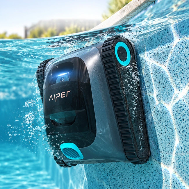 Aiper Scuba cordless robotic pool cleaner cleaning a residential swimming pool