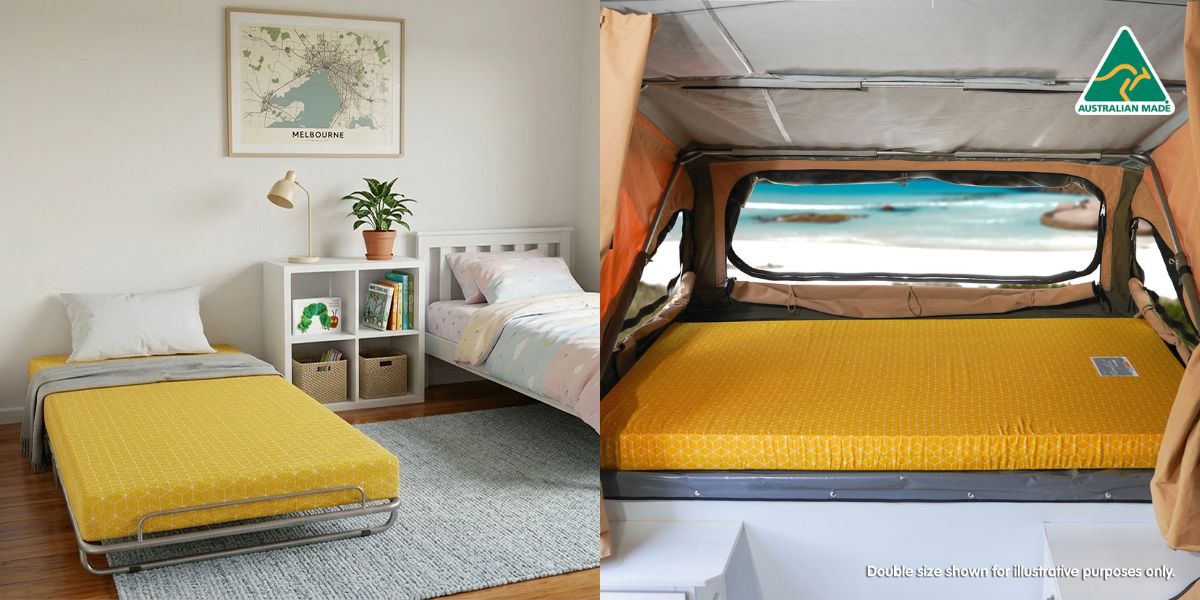 Camping mattress used inside a home for a guest sleeping setup side by side with camp mattress in a caravan