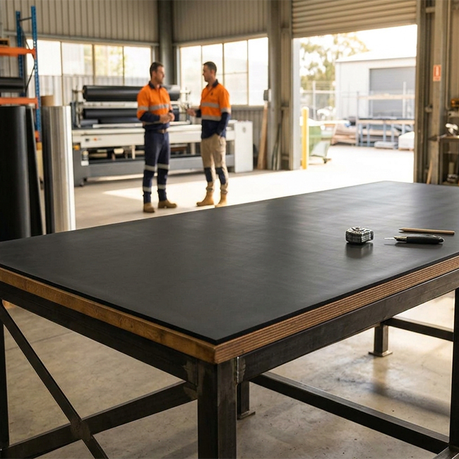 Sheet rubber cut and applied to a workbench surface for protection