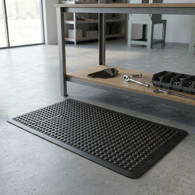 Anti-fatigue rubber mat placed in a workshop work zone
