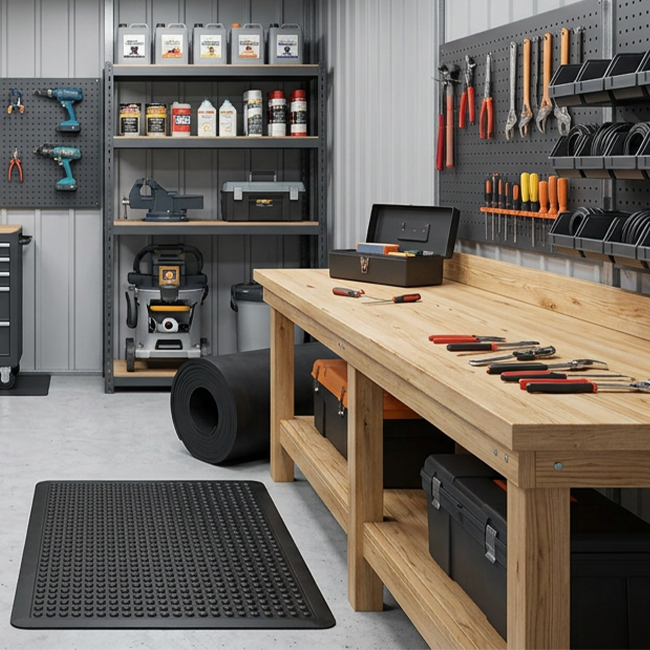 Well-organised tradie setup with rubber matting, seals, and protective surfaces