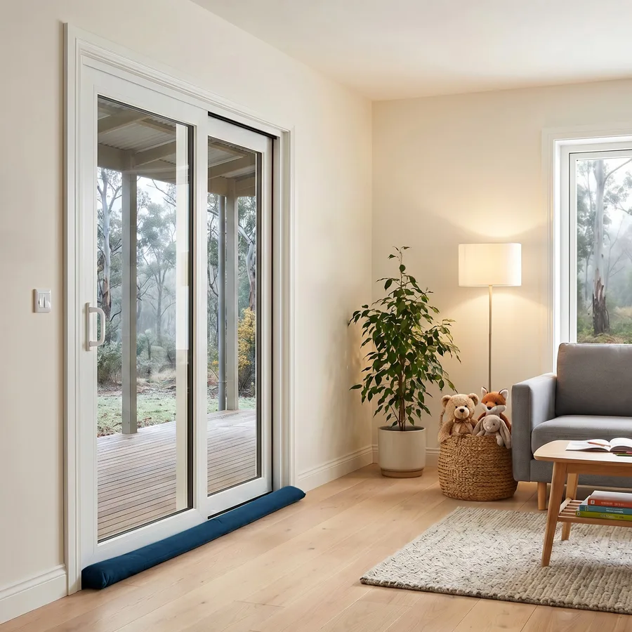 Comfortable living room interior with closed door, rubber seals around windows and doors, and a door snake.
