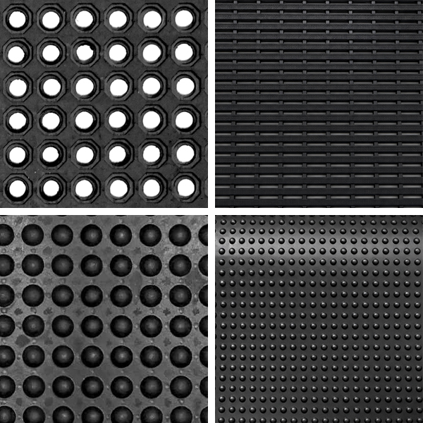 Different styles of rubber matting side by side. Various rubber matting textures including checker plate, ribbed and honeycomb styles