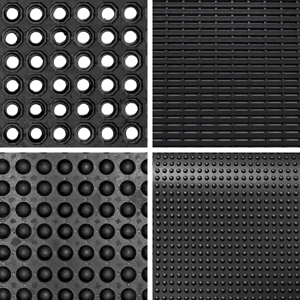 Different styles of rubber matting side by side. Various rubber matting textures including checker plate, ribbed and honeycomb styles
