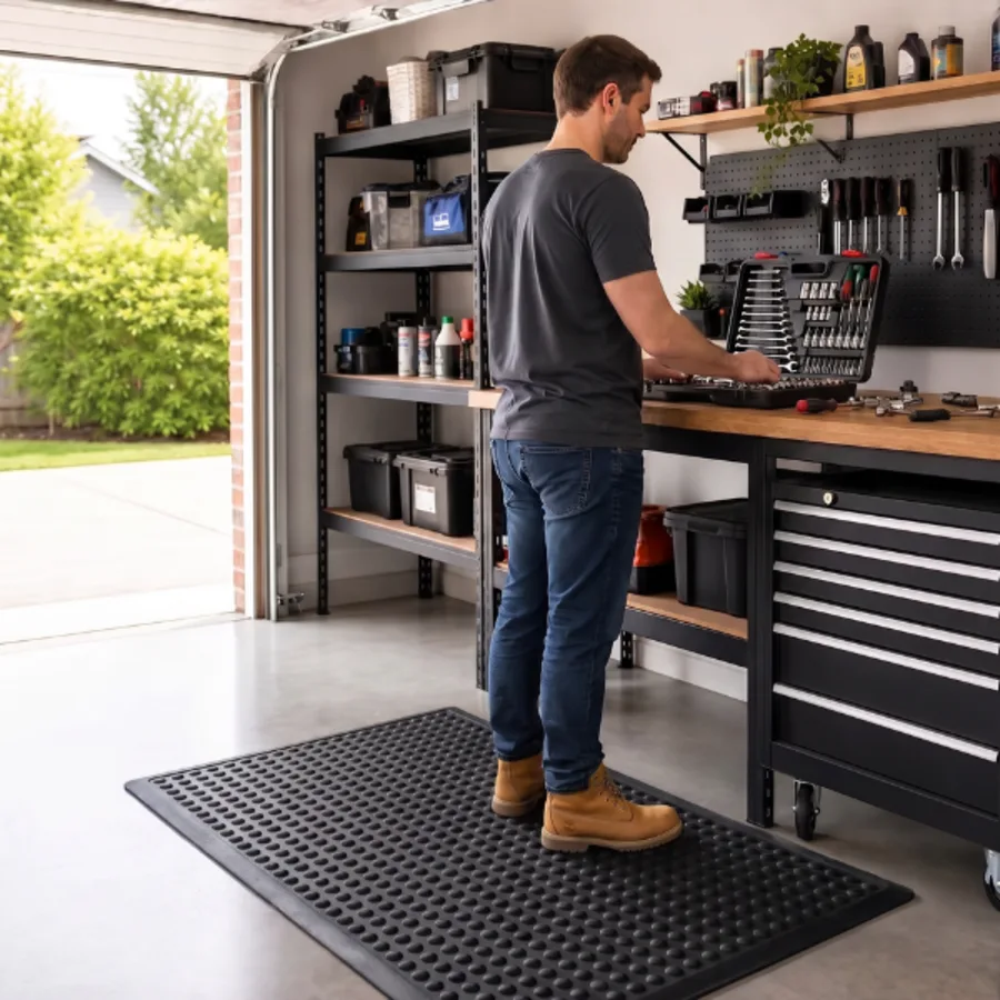 Person working at a garage workbench standing on rubber anti-fatigue matting. He is wearing a grey shirt, jeans, and is looking through a toolbox on the workbench.