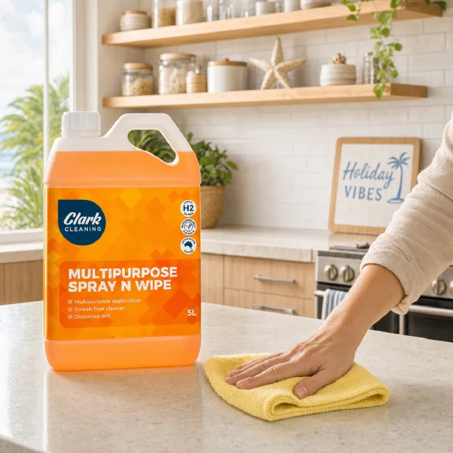 Holiday home kitchen being cleaned with spray and cloth. Cleaning kitchen benchtops and appliances in a short-stay rental property