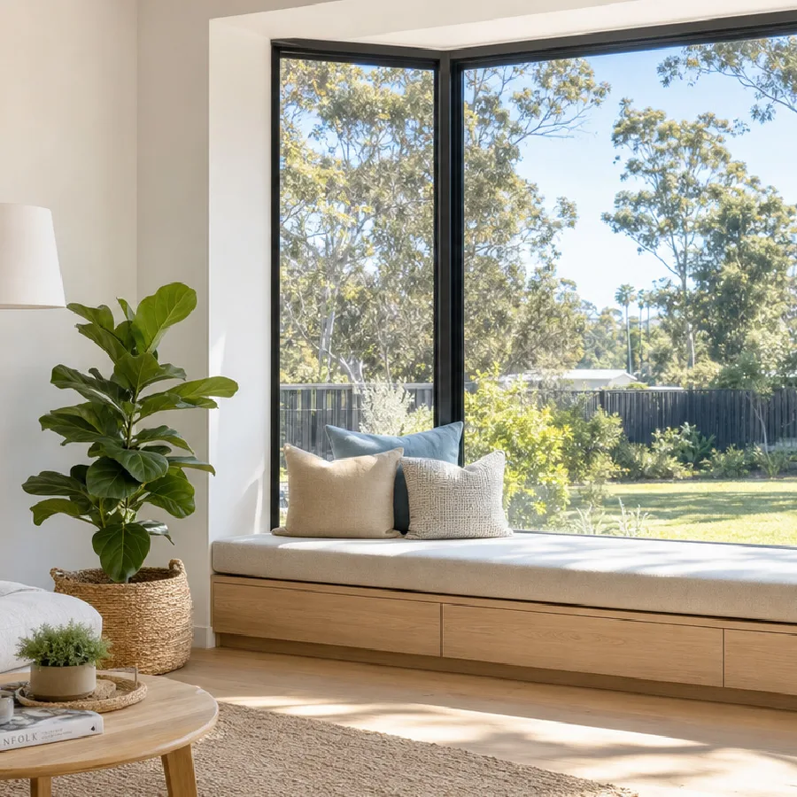 Modern bay window seat with a custom cushion in a light-filled living room. Custom window seat cushion in a bright modern home

