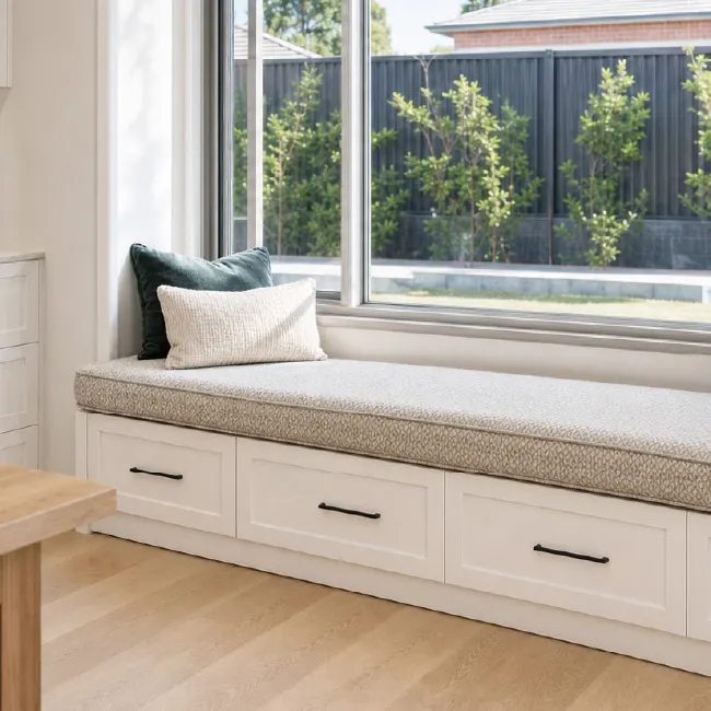 Curved bay window seat with custom-fitted cushion. Curved custom window seat cushion fitted to a bay window