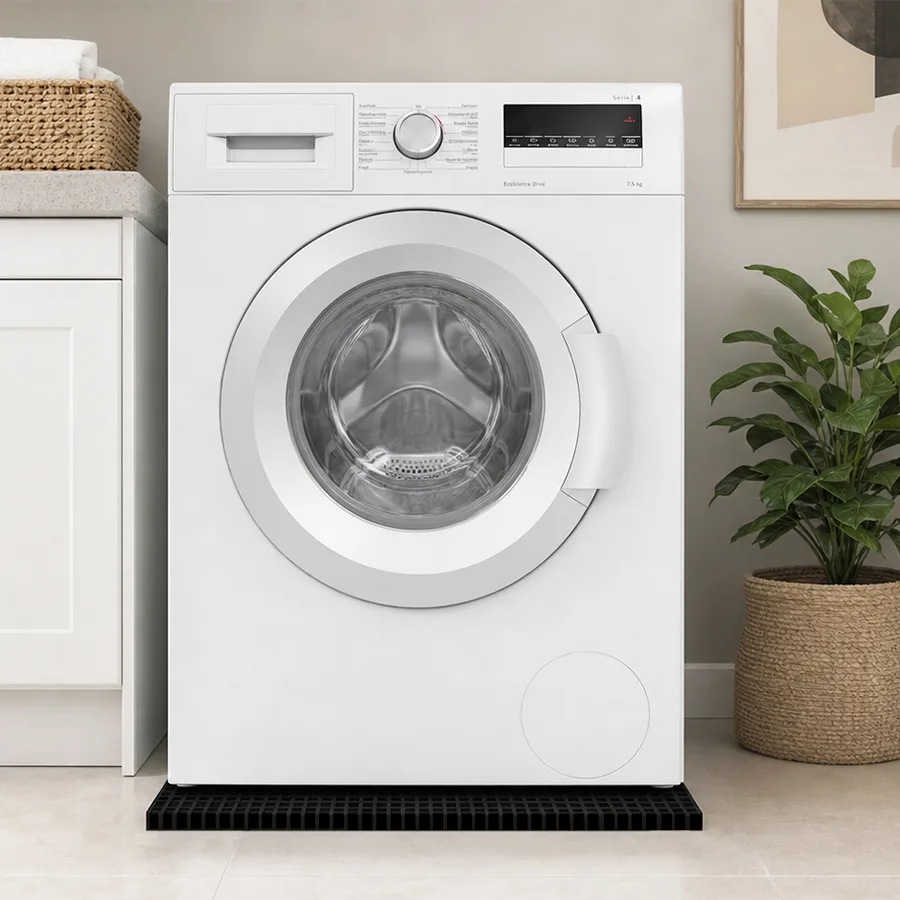 Washing machine in a modern laundry sitting on a rubber anti-vibration solution. Front loading washing machine on a rubber anti-vibration base in a modern home laundry.