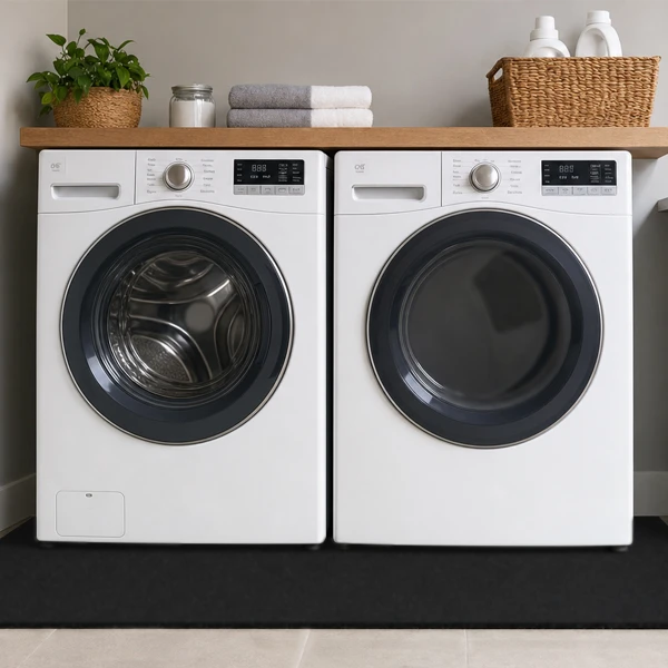 Universal recycled rubber mat beneath washing machine and dryer. Large recycled rubber mat positioned underneath laundry appliances.