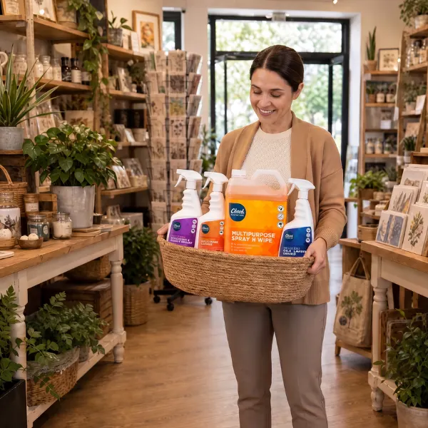 Woman holding a basket of cleaning products from Clark Rubber in a local gift shop.