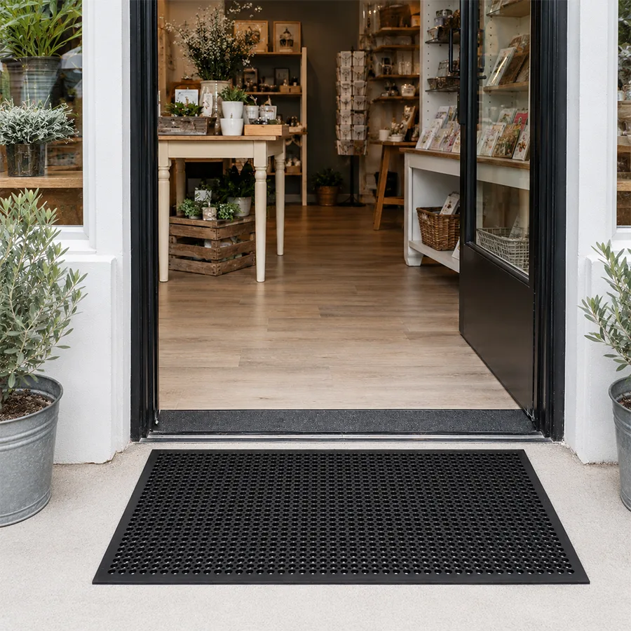 Commercial gift shop entrance using entry matting to reduce dirt and moisture entering the store.