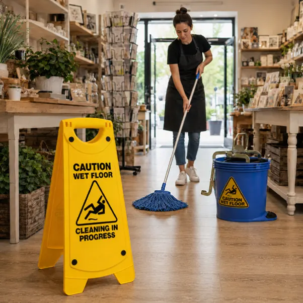 Retail employee cleaning with a mop near a wet floor sign.