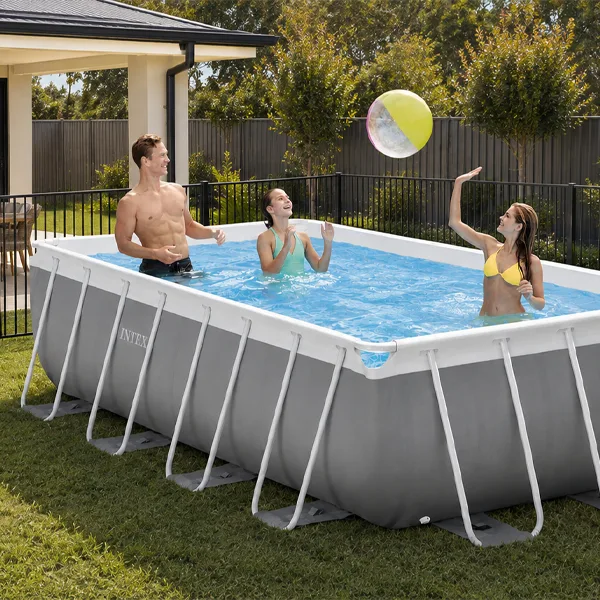 Intex Prism Frame rectangular 9ft pool in a small backyard.