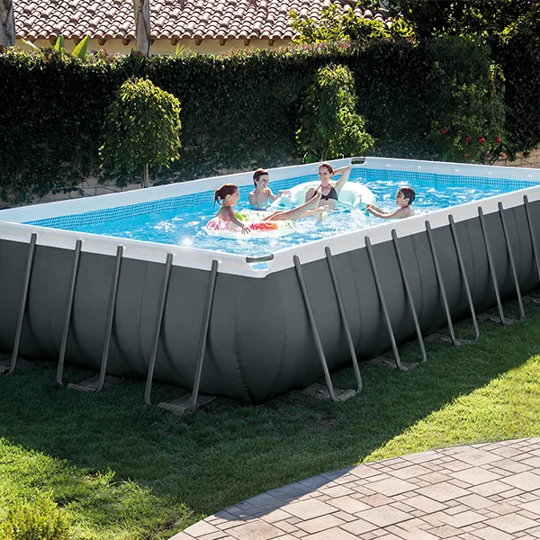 Intex Ultra XTR above ground pool in a large backyard.
