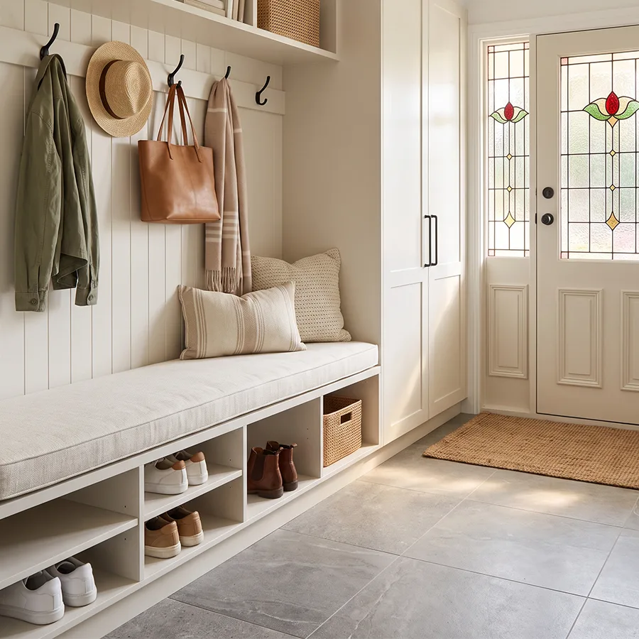 A bright, practical mudroom entry with a built-in bench seat, custom cushion, hooks, shoe storage and door mat at the entrance.