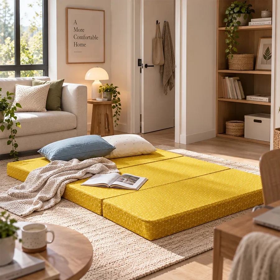 Foldable mattress in modern Australian apartment showing space-saving sleep setup for guests and everyday use
