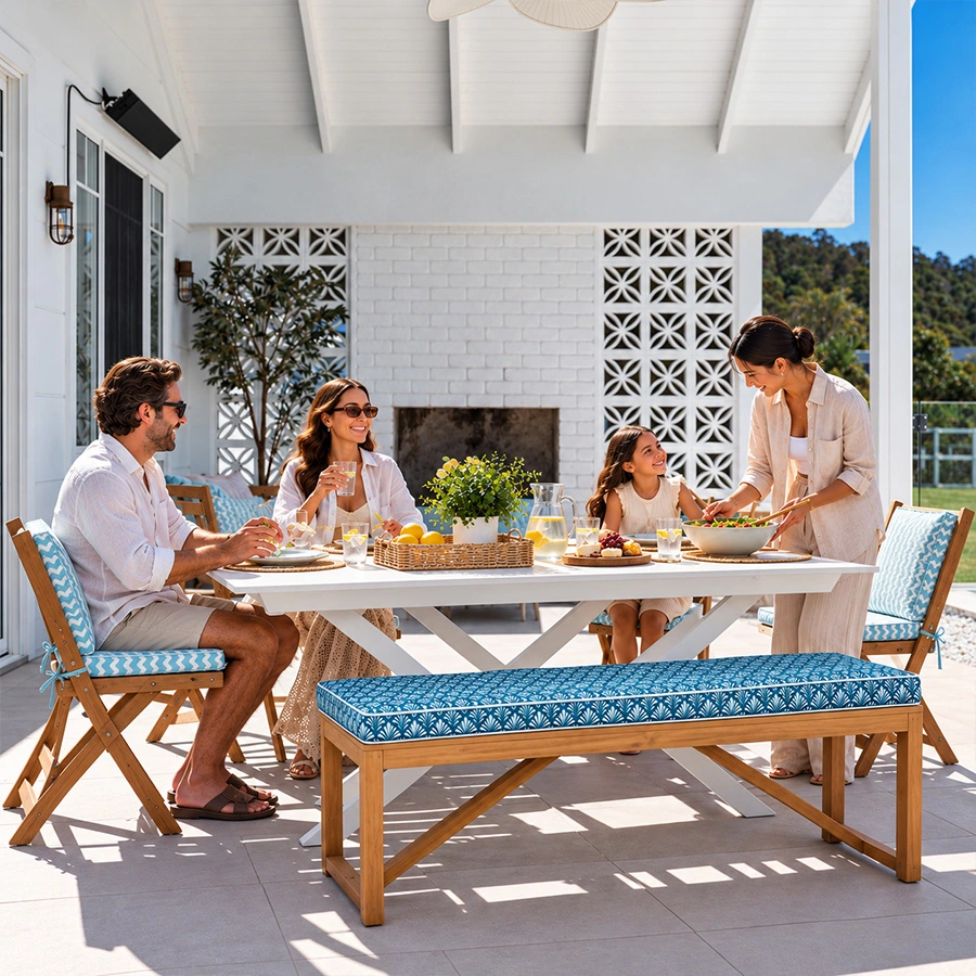 Family and friends relaxing on an upgraded outdoor bench seat