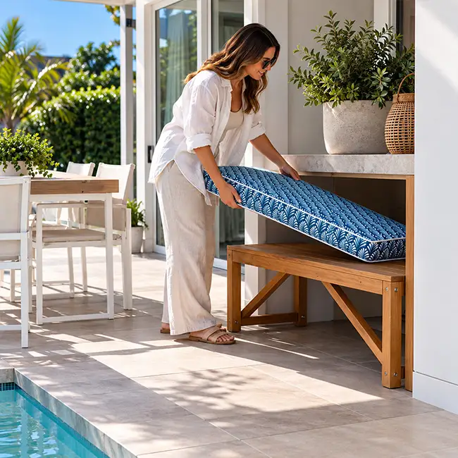 Person storing an outdoor bench seat cushion under cover