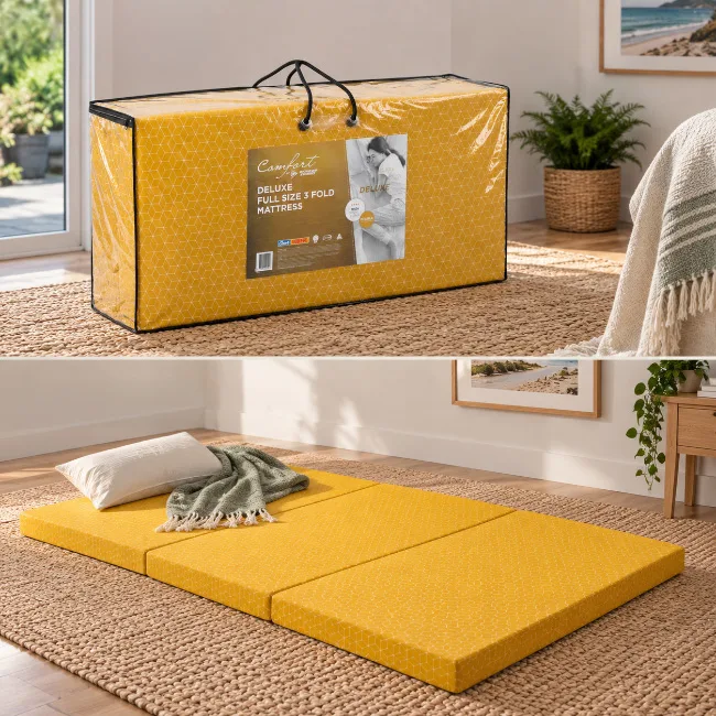 Queen tri fold mattress shown folded for storage and unfolded for sleeping