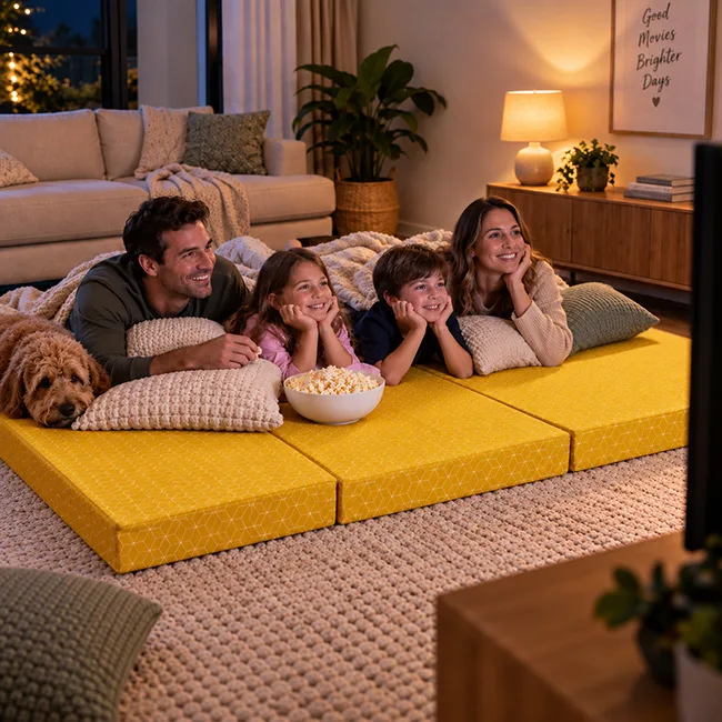 Portable foldable mattress used for family sleepover setup in living room