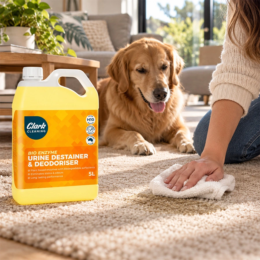 A pet owner pressing a clean cloth onto a fresh accident on a living room carpet, with a dog nearby.