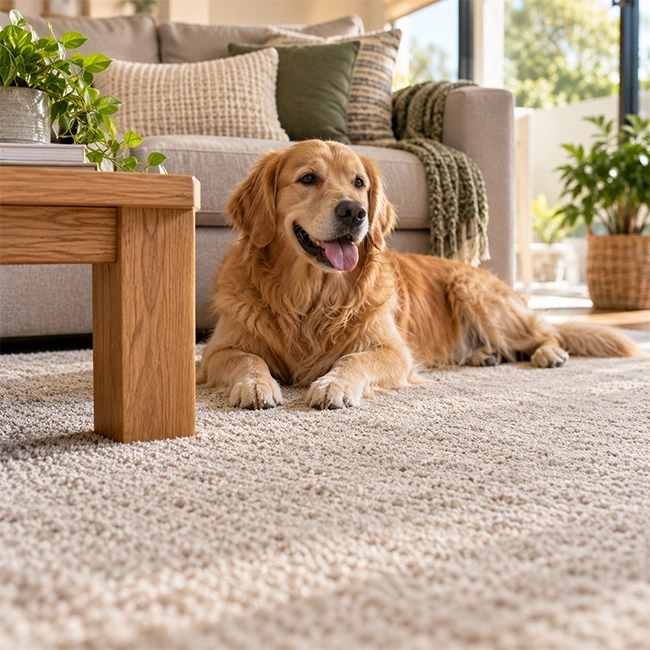 A clean, dry carpet in a pet-friendly living room, with a dog resting nearby.