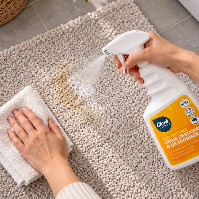 Person applying Clark Cleaning Bio Enzyme Urine Destainer and Deodoriser to a stain on carpet