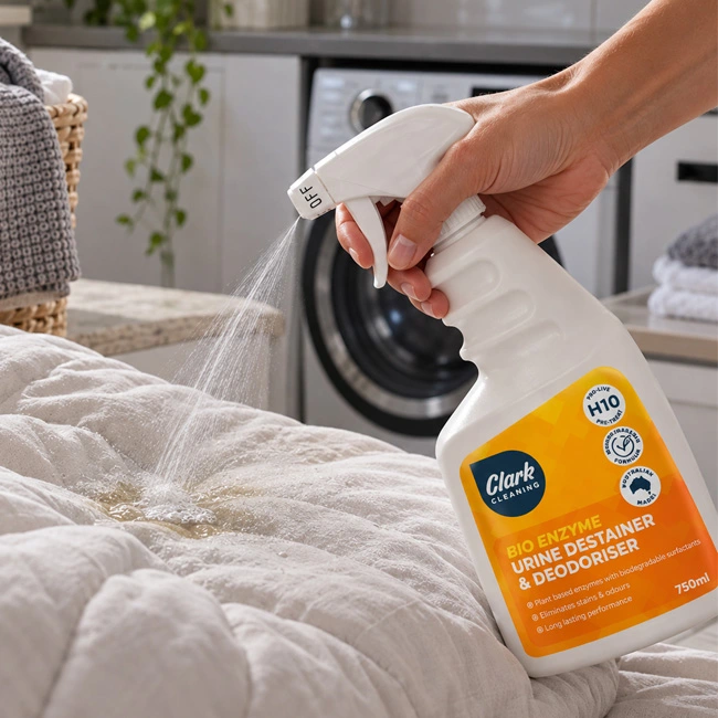 A person spot-treating a pet urine stain on a removable doona cover