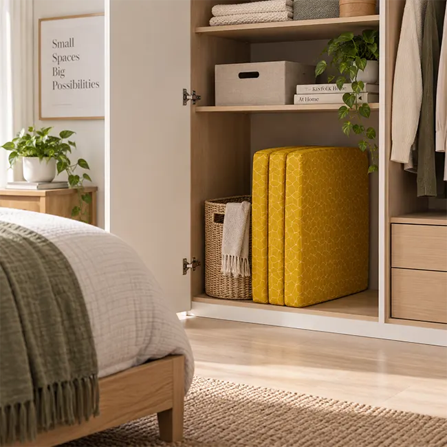 Foldable mattress neatly stored in compact home storage space