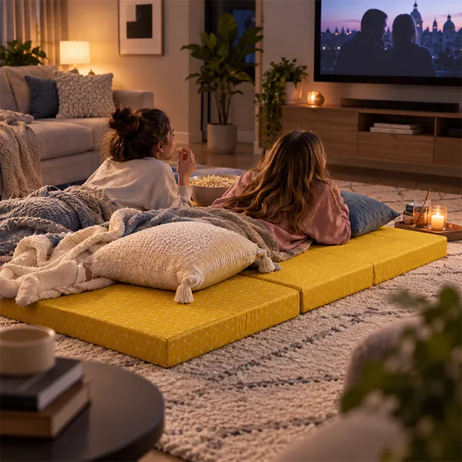 Foldable mattress used for relaxed movie night and casual home lounging