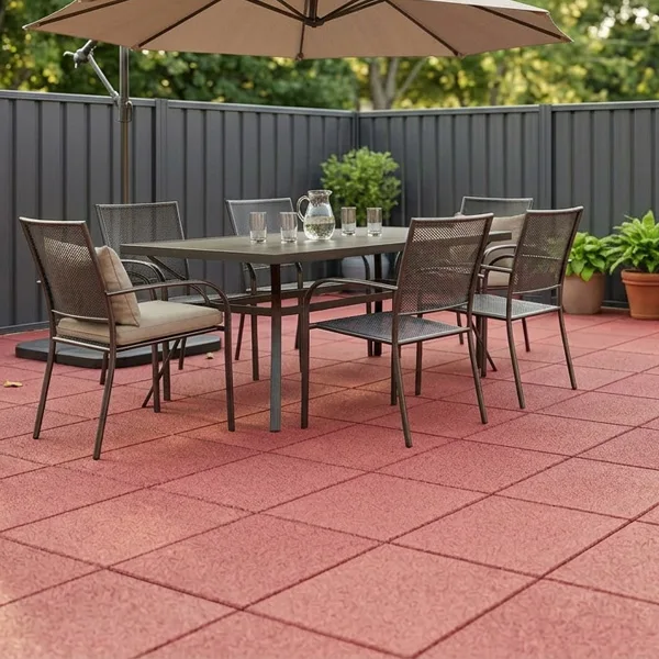 Outdoor patio area with recycled rubber tiles installed