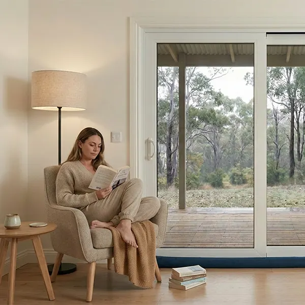 Comfortable living room interior with closed door, rubber seals around windows and doors, and a door snake.
