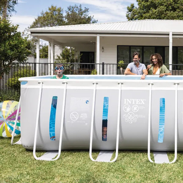 Intex Prism Clearview rectangular pool with clear side windows in a backyard.