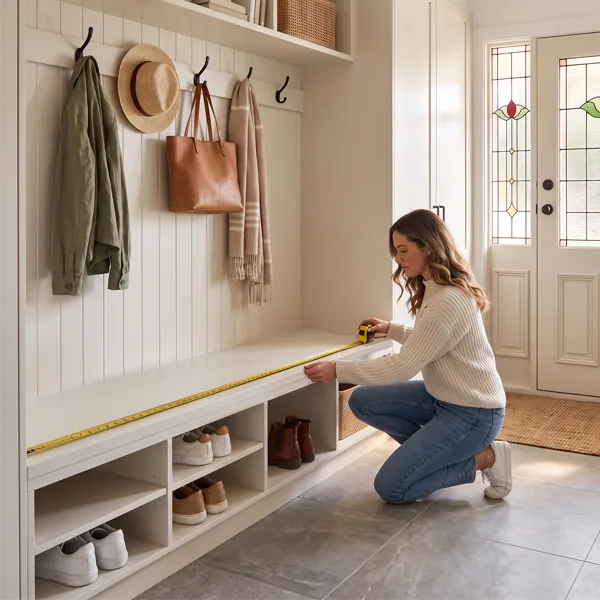 A woman measuring a built-in mudroom bench seat before ordering custom cut foam.