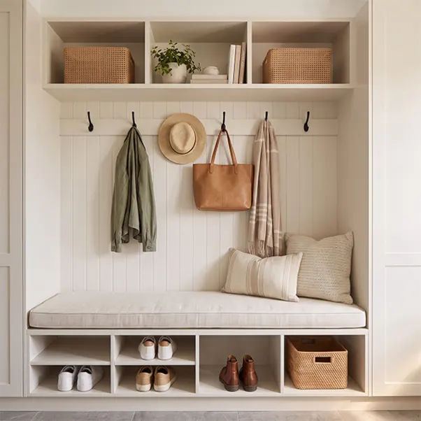 Small mudroom nook with slim cushioned bench, hooks, baskets and entrance mat.