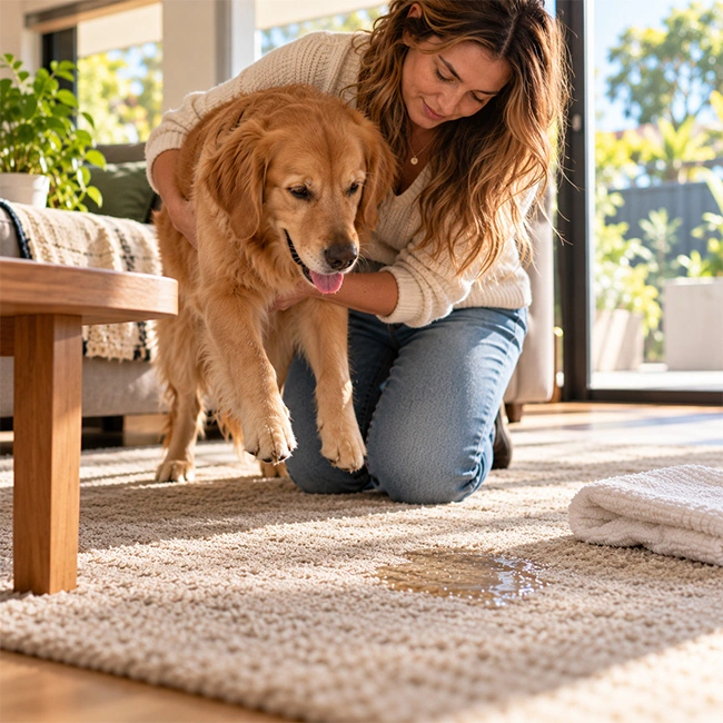 A person gently picking up a golden retriever with both hands to move it away from a fresh wet patch on the living room carpet before cleaning.