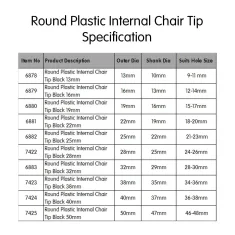 Round Plastic Internal Chair Tip - Black Suits Hole Size 24-26mm