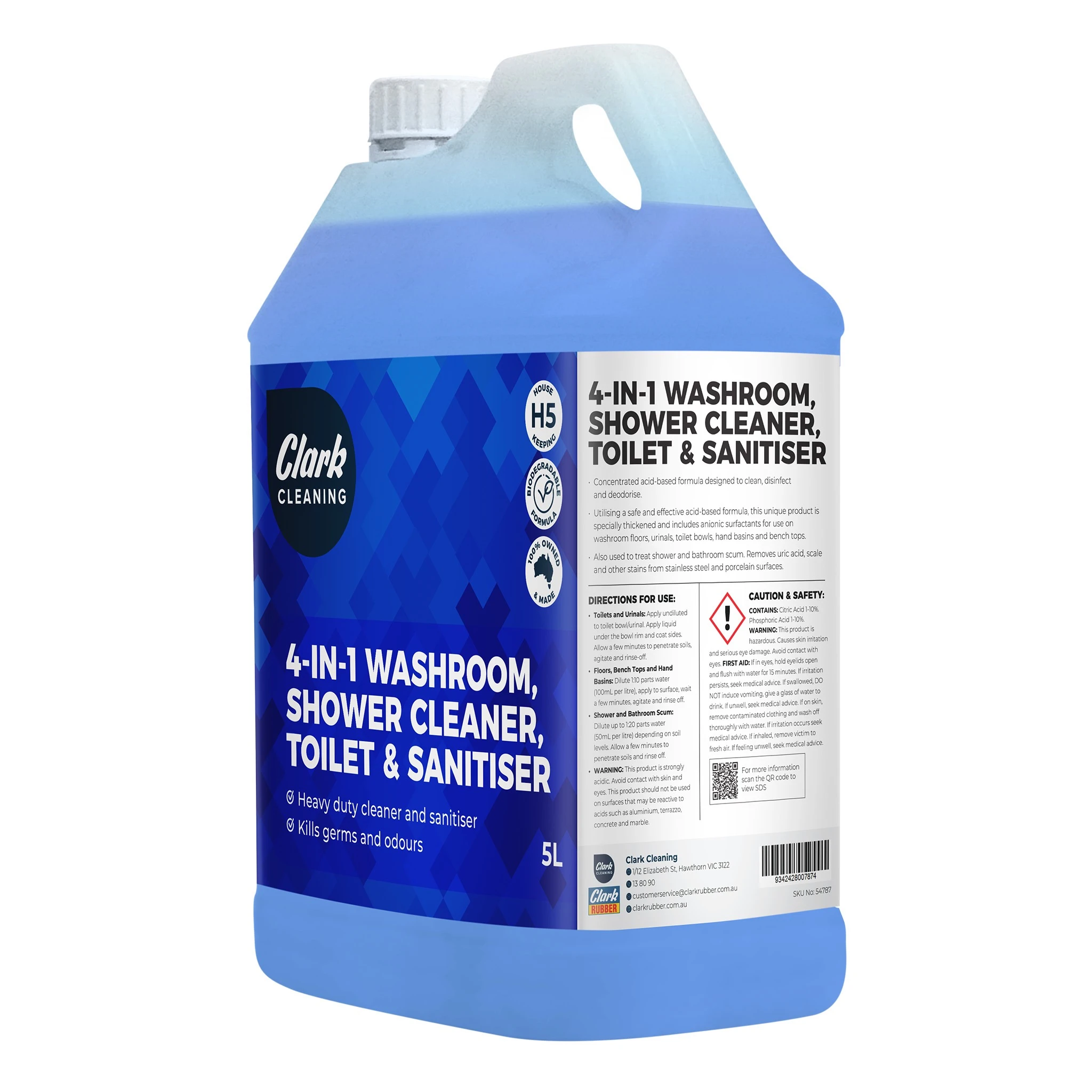 Clark Cleaning 4-In-1 Washroom Cleaner and Sanitiser 5L